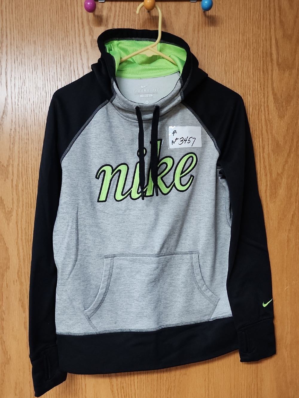 Nike Gray and Black Hoodie with Neon Green Logo womens M number 3457